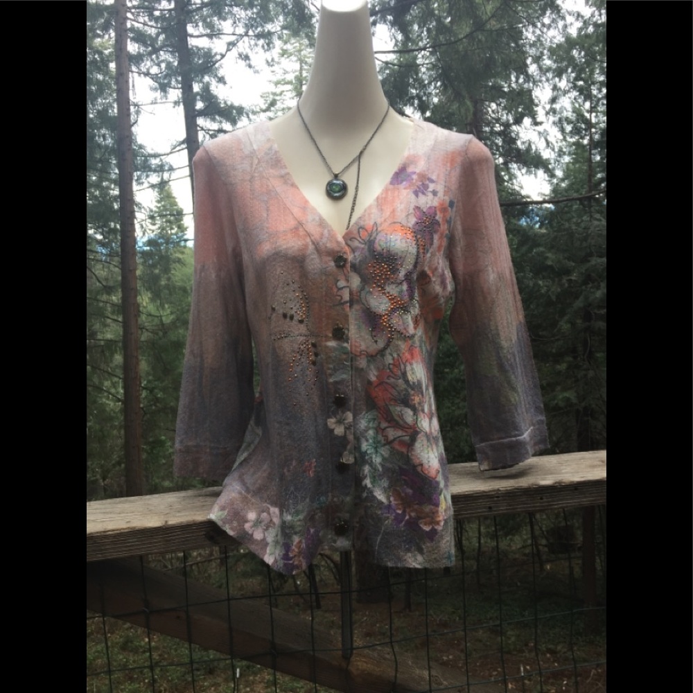 Christopher & Banks peachy light floral embellished pastel orange sweater